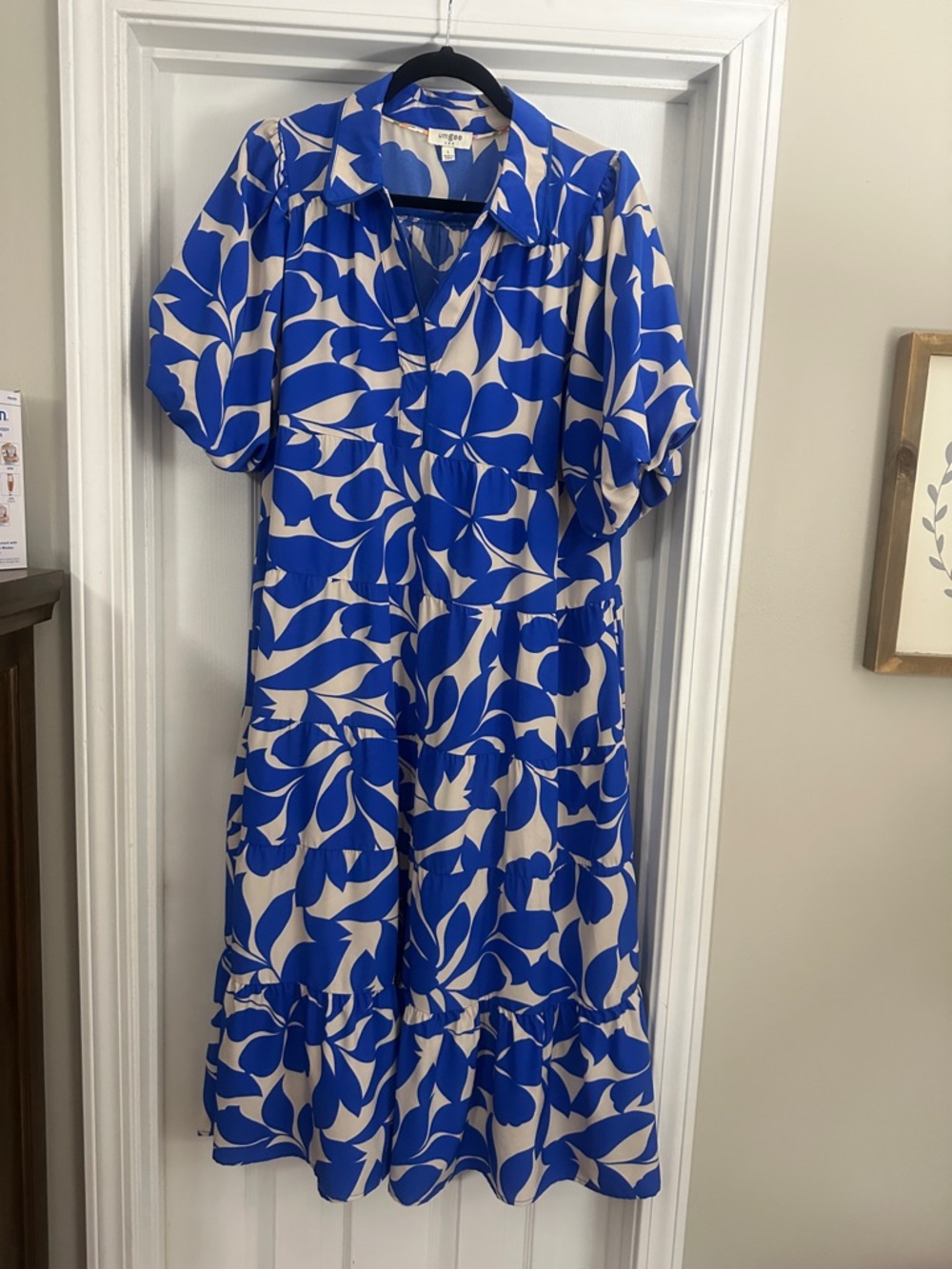 Umgee Royal Blue and Cream Floral Midi Dress with Puff Sleeves